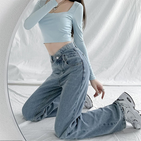 ストレートデニム ウエストレイヤード風 デニムパンツ レディース 美脚 ハイウエスト ジーンズ セミワイド ジーパン クロスウエストオルチャン 韓国 定番デニム 80YFG-003