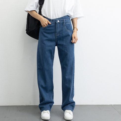 ストレートデニム ウエストレイヤード風 デニムパンツ レディース 美脚 ハイウエスト ジーンズ セミワイド ジーパン クロスウエストオルチャン 韓国 定番デニム 80YFG-003