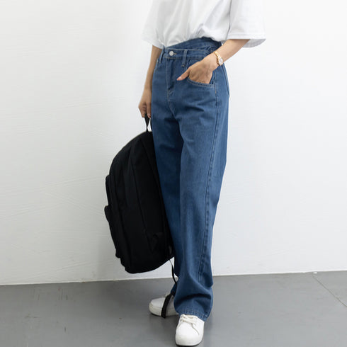 ストレートデニム ウエストレイヤード風 デニムパンツ レディース 美脚 ハイウエスト ジーンズ セミワイド ジーパン クロスウエストオルチャン 韓国 定番デニム 80YFG-003