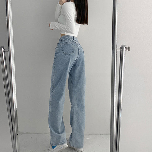ストレートデニム ウエストレイヤード風 デニムパンツ レディース 美脚 ハイウエスト ジーンズ セミワイド ジーパン クロスウエストオルチャン 韓国 定番デニム 80YFG-003