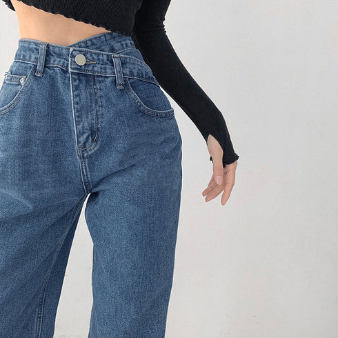 ストレートデニム ウエストレイヤード風 デニムパンツ レディース 美脚 ハイウエスト ジーンズ セミワイド ジーパン クロスウエストオルチャン 韓国 定番デニム 80YFG-003