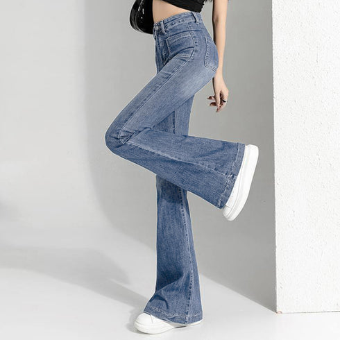 フレアデニムパンツ セミフレアパンツ韓国 ストレッチパンツ レディース ハイウエスト パッチポケット ブーツカットパンツ カジュアルジーパン アメカジパンツ着やせ 80YFG-004