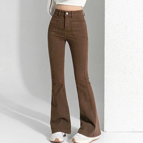 フレアデニムパンツ セミフレアパンツ韓国 ストレッチパンツ レディース ハイウエスト パッチポケット ブーツカットパンツ カジュアルジーパン アメカジパンツ着やせ 80YFG-004