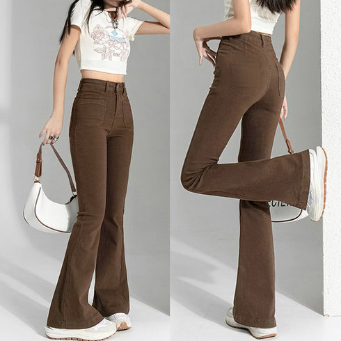 フレアデニムパンツ セミフレアパンツ韓国 ストレッチパンツ レディース ハイウエスト パッチポケット ブーツカットパンツ カジュアルジーパン アメカジパンツ着やせ 80YFG-004