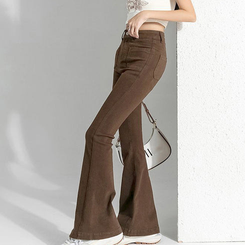 フレアデニムパンツ セミフレアパンツ韓国 ストレッチパンツ レディース ハイウエスト パッチポケット ブーツカットパンツ カジュアルジーパン アメカジパンツ着やせ 80YFG-004