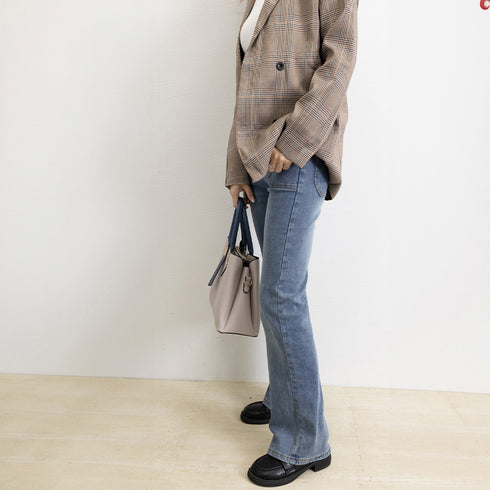 フレアデニムパンツ セミフレアパンツ韓国 ストレッチパンツ レディース ハイウエスト パッチポケット ブーツカットパンツ カジュアルジーパン アメカジパンツ着やせ 80YFG-004