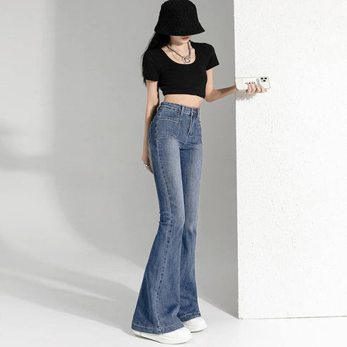 フレアデニムパンツ セミフレアパンツ韓国 ストレッチパンツ レディース ハイウエスト パッチポケット ブーツカットパンツ カジュアルジーパン アメカジパンツ着やせ 80YFG-004