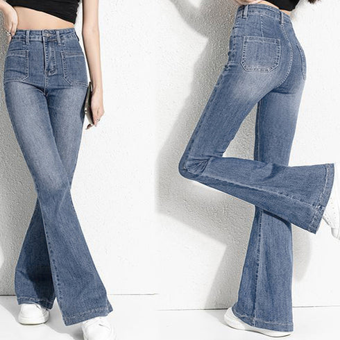 フレアデニムパンツ セミフレアパンツ韓国 ストレッチパンツ レディース ハイウエスト パッチポケット ブーツカットパンツ カジュアルジーパン アメカジパンツ着やせ 80YFG-004