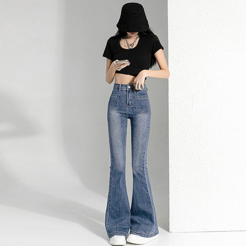 フレアデニムパンツ セミフレアパンツ韓国 ストレッチパンツ レディース ハイウエスト パッチポケット ブーツカットパンツ カジュアルジーパン アメカジパンツ着やせ 80YFG-004