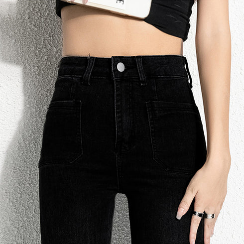 フレアデニムパンツ セミフレアパンツ韓国 ストレッチパンツ レディース ハイウエスト パッチポケット ブーツカットパンツ カジュアルジーパン アメカジパンツ着やせ 80YFG-004