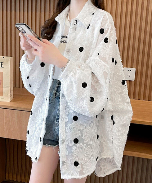 ドット柄カーディガン シースルートップス レディース 冷房対策 おしゃれ ブラウスシャツ ゆったり羽織り 体型カバー 透け感 薄手長袖 シアーライトアウター春夏秋 80YIGL-004