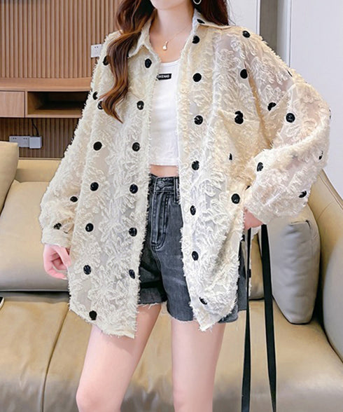 ドット柄カーディガン シースルートップス レディース 冷房対策 おしゃれ ブラウスシャツ ゆったり羽織り 体型カバー 透け感 薄手長袖 シアーライトアウター春夏秋 80YIGL-004