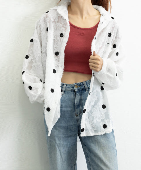 ドット柄カーディガン シースルートップス レディース 冷房対策 おしゃれ ブラウスシャツ ゆったり羽織り 体型カバー 透け感 薄手長袖 シアーライトアウター春夏秋 80YIGL-004