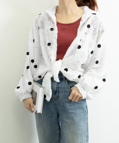 ドット柄カーディガン シースルートップス レディース 冷房対策 おしゃれ ブラウスシャツ ゆったり羽織り 体型カバー 透け感 薄手長袖 シアーライトアウター春夏秋 80YIGL-004