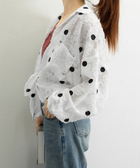 ドット柄カーディガン シースルートップス レディース 冷房対策 おしゃれ ブラウスシャツ ゆったり羽織り 体型カバー 透け感 薄手長袖 シアーライトアウター春夏秋 80YIGL-004