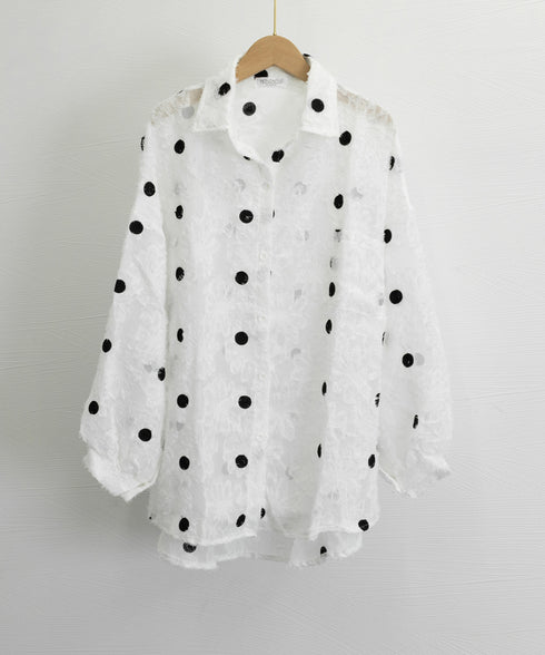 ドット柄カーディガン シースルートップス レディース 冷房対策 おしゃれ ブラウスシャツ ゆったり羽織り 体型カバー 透け感 薄手長袖 シアーライトアウター春夏秋 80YIGL-004