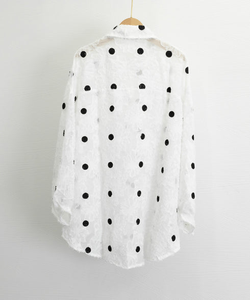 ドット柄カーディガン シースルートップス レディース 冷房対策 おしゃれ ブラウスシャツ ゆったり羽織り 体型カバー 透け感 薄手長袖 シアーライトアウター春夏秋 80YIGL-004