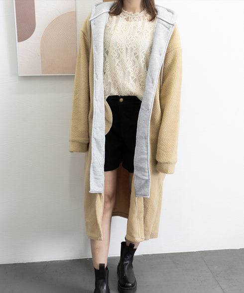 ボアロングパーカーレイヤード風ボアコート 軽いフード付きボアジャケット 体型カバー 羽織り ゆったり ドロップショルダー 長袖アウター 秋冬服 カジュアル部屋着 80YIGL-006