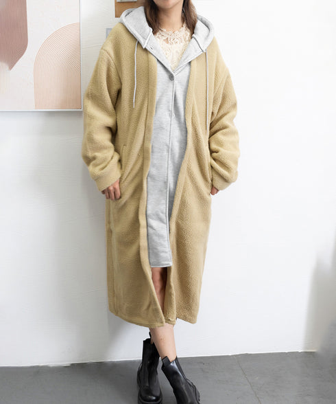 ボアロングパーカーレイヤード風ボアコート 軽いフード付きボアジャケット 体型カバー 羽織り ゆったり ドロップショルダー 長袖アウター 秋冬服 カジュアル部屋着 80YIGL-006