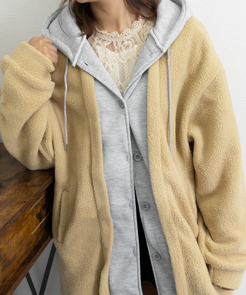 ボアロングパーカーレイヤード風ボアコート 軽いフード付きボアジャケット 体型カバー 羽織り ゆったり ドロップショルダー 長袖アウター 秋冬服 カジュアル部屋着 80YIGL-006