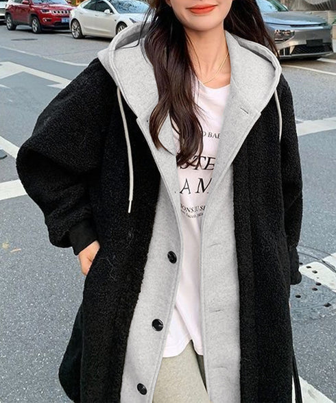ボアロングパーカーレイヤード風ボアコート 軽いフード付きボアジャケット 体型カバー 羽織り ゆったり ドロップショルダー 長袖アウター 秋冬服 カジュアル部屋着 80YIGL-006