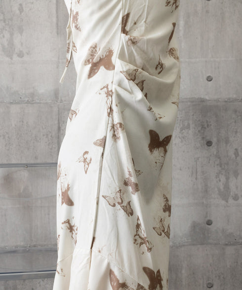 蝶柄キャミワンピース アシンメトリー夏服 リゾートワンピース レディース 涼しげ ロングワンピース ノースリーブ フリルワンピース 大人可愛い フレアワンピース夏 80YIGL-007