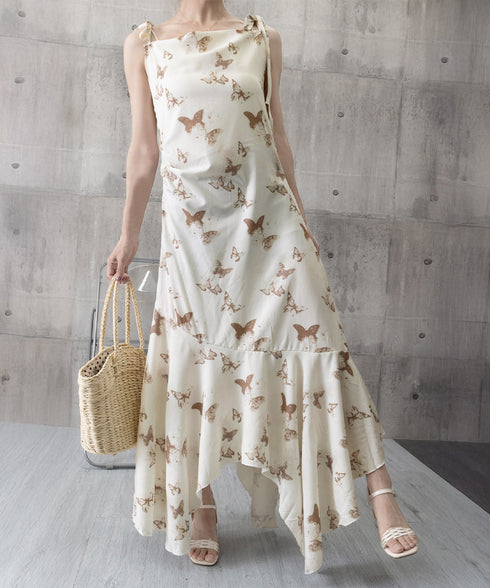 蝶柄キャミワンピース アシンメトリー夏服 リゾートワンピース レディース 涼しげ ロングワンピース ノースリーブ フリルワンピース 大人可愛い フレアワンピース夏 80YIGL-007