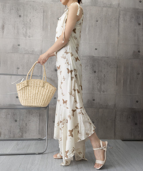 蝶柄キャミワンピース アシンメトリー夏服 リゾートワンピース レディース 涼しげ ロングワンピース ノースリーブ フリルワンピース 大人可愛い フレアワンピース夏 80YIGL-007