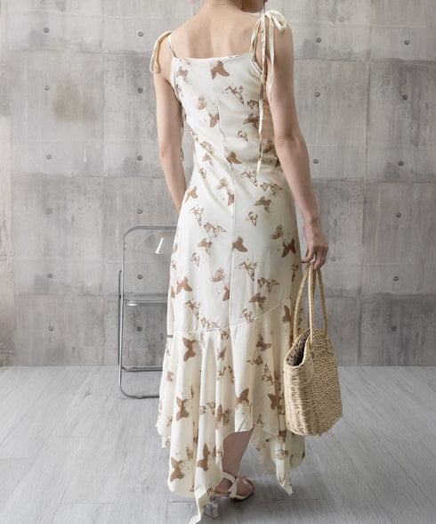 蝶柄キャミワンピース アシンメトリー夏服 リゾートワンピース レディース 涼しげ ロングワンピース ノースリーブ フリルワンピース 大人可愛い フレアワンピース夏 80YIGL-007