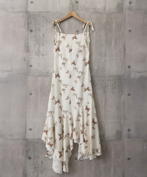 蝶柄キャミワンピース アシンメトリー夏服 リゾートワンピース レディース 涼しげ ロングワンピース ノースリーブ フリルワンピース 大人可愛い フレアワンピース夏 80YIGL-007