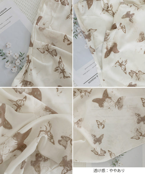 蝶柄キャミワンピース アシンメトリー夏服 リゾートワンピース レディース 涼しげ ロングワンピース ノースリーブ フリルワンピース 大人可愛い フレアワンピース夏 80YIGL-007