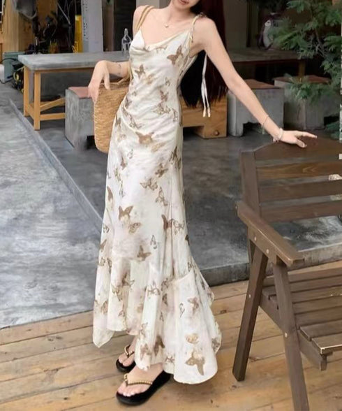 蝶柄キャミワンピース アシンメトリー夏服 リゾートワンピース レディース 涼しげ ロングワンピース ノースリーブ フリルワンピース 大人可愛い フレアワンピース夏 80YIGL-007