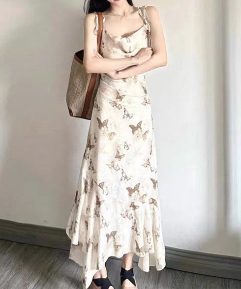 蝶柄キャミワンピース アシンメトリー夏服 リゾートワンピース レディース 涼しげ ロングワンピース ノースリーブ フリルワンピース 大人可愛い フレアワンピース夏 80YIGL-007