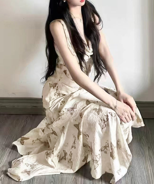 蝶柄キャミワンピース アシンメトリー夏服 リゾートワンピース レディース 涼しげ ロングワンピース ノースリーブ フリルワンピース 大人可愛い フレアワンピース夏 80YIGL-007