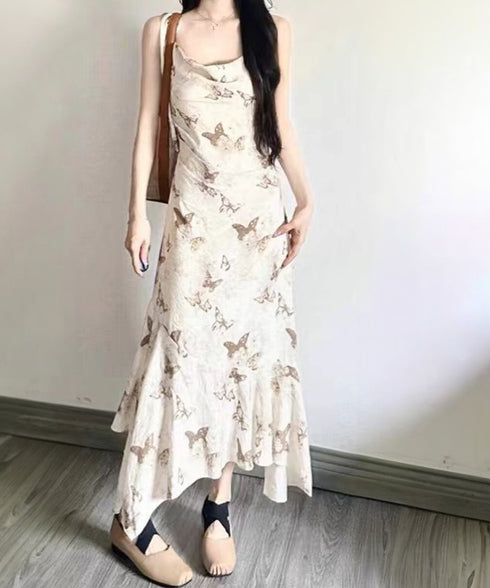 蝶柄キャミワンピース アシンメトリー夏服 リゾートワンピース レディース 涼しげ ロングワンピース ノースリーブ フリルワンピース 大人可愛い フレアワンピース夏 80YIGL-007