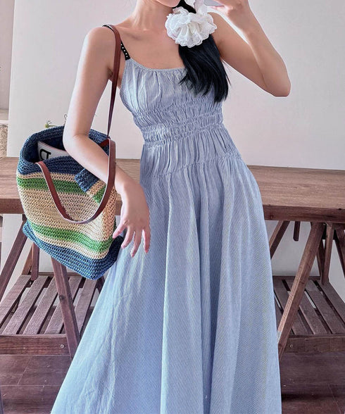 ストライプ柄キャミワンピース 大人可愛い ロングワンピース レディース ギャザーワンピース Aライン 着やせリゾートワンピ 旅行夏服 シーサイドワンピース サマー 80YIGL-008