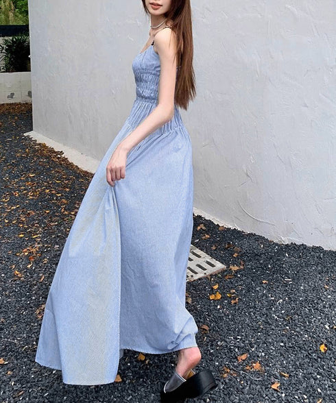 ストライプ柄キャミワンピース 大人可愛い ロングワンピース レディース ギャザーワンピース Aライン 着やせリゾートワンピ 旅行夏服 シーサイドワンピース サマー 80YIGL-008