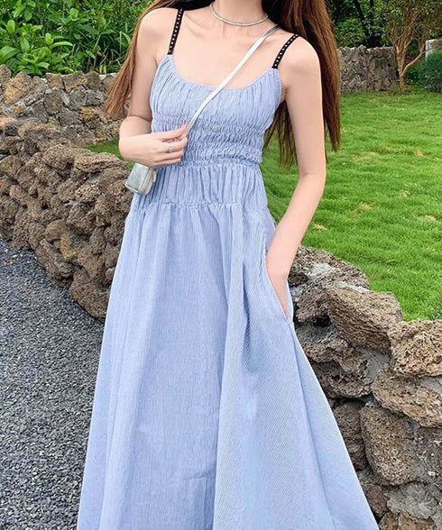 ストライプ柄キャミワンピース 大人可愛い ロングワンピース レディース ギャザーワンピース Aライン 着やせリゾートワンピ 旅行夏服 シーサイドワンピース サマー 80YIGL-008