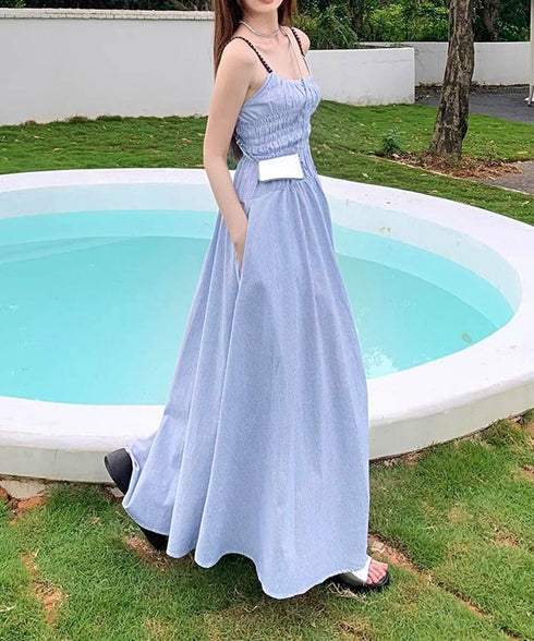 ストライプ柄キャミワンピース 大人可愛い ロングワンピース レディース ギャザーワンピース Aライン 着やせリゾートワンピ 旅行夏服 シーサイドワンピース サマー 80YIGL-008