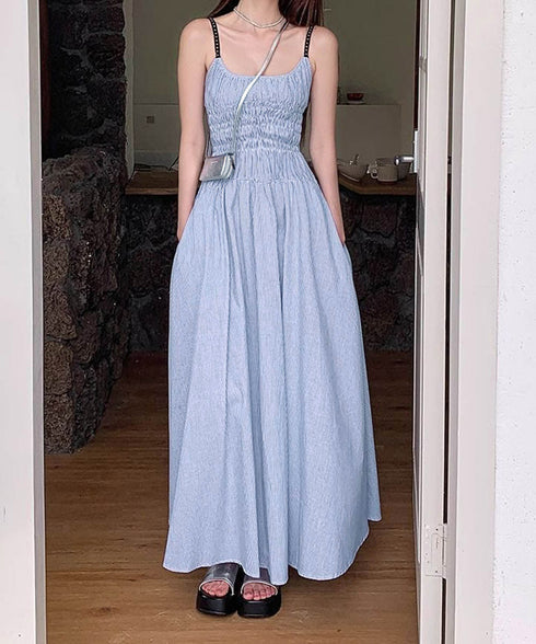 ストライプ柄キャミワンピース 大人可愛い ロングワンピース レディース ギャザーワンピース Aライン 着やせリゾートワンピ 旅行夏服 シーサイドワンピース サマー 80YIGL-008