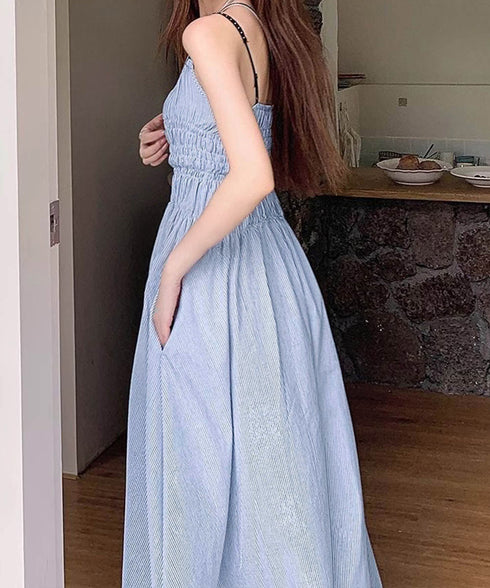 ストライプ柄キャミワンピース 大人可愛い ロングワンピース レディース ギャザーワンピース Aライン 着やせリゾートワンピ 旅行夏服 シーサイドワンピース サマー 80YIGL-008