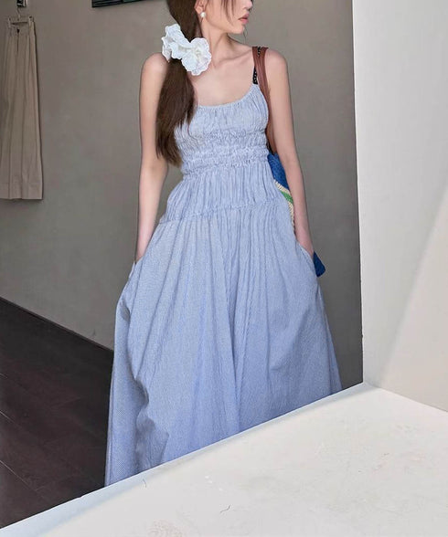 ストライプ柄キャミワンピース 大人可愛い ロングワンピース レディース ギャザーワンピース Aライン 着やせリゾートワンピ 旅行夏服 シーサイドワンピース サマー 80YIGL-008