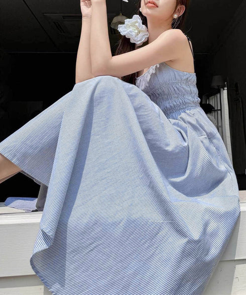 ストライプ柄キャミワンピース 大人可愛い ロングワンピース レディース ギャザーワンピース Aライン 着やせリゾートワンピ 旅行夏服 シーサイドワンピース サマー 80YIGL-008