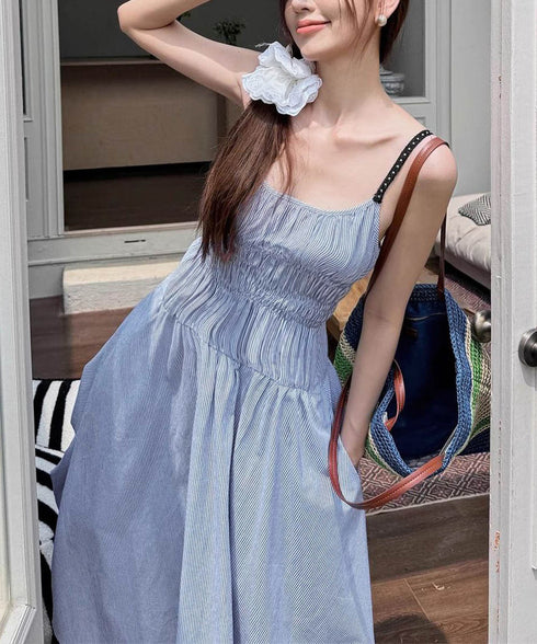 ストライプ柄キャミワンピース 大人可愛い ロングワンピース レディース ギャザーワンピース Aライン 着やせリゾートワンピ 旅行夏服 シーサイドワンピース サマー 80YIGL-008