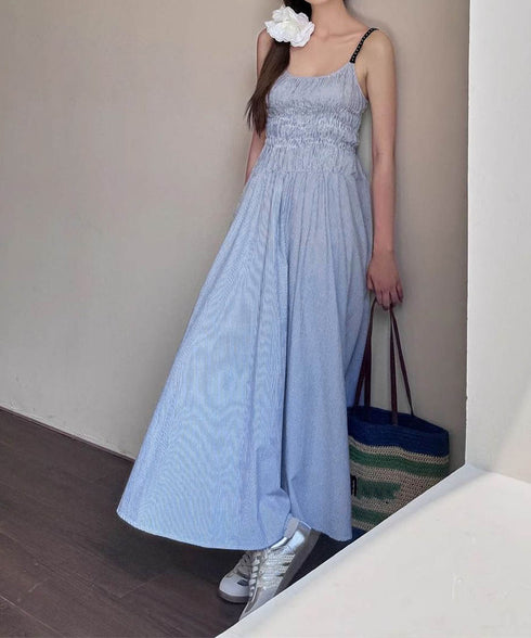 ストライプ柄キャミワンピース 大人可愛い ロングワンピース レディース ギャザーワンピース Aライン 着やせリゾートワンピ 旅行夏服 シーサイドワンピース サマー 80YIGL-008