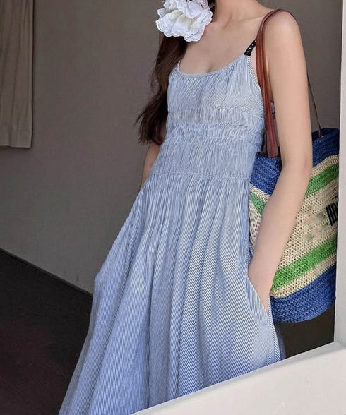 ストライプ柄キャミワンピース 大人可愛い ロングワンピース レディース ギャザーワンピース Aライン 着やせリゾートワンピ 旅行夏服 シーサイドワンピース サマー 80YIGL-008