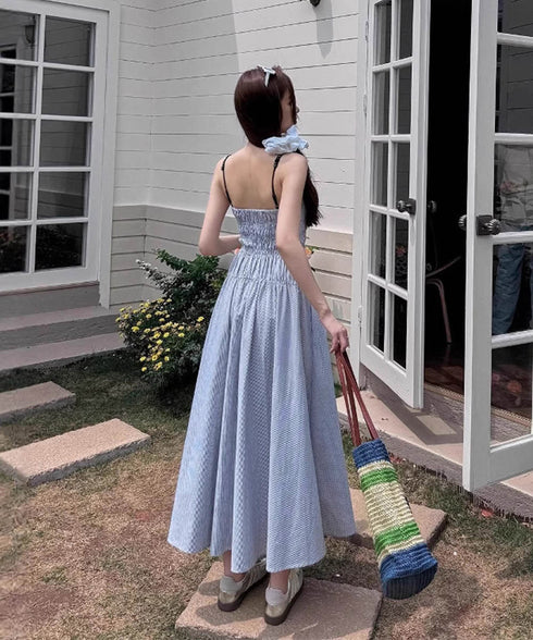 ストライプ柄キャミワンピース 大人可愛い ロングワンピース レディース ギャザーワンピース Aライン 着やせリゾートワンピ 旅行夏服 シーサイドワンピース サマー 80YIGL-008