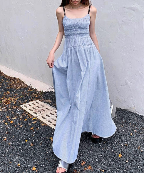 ストライプ柄キャミワンピース 大人可愛い ロングワンピース レディース ギャザーワンピース Aライン 着やせリゾートワンピ 旅行夏服 シーサイドワンピース サマー 80YIGL-008