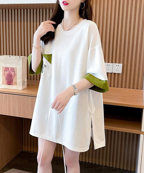 オーバーサイズTシャツチュニックtシャツ 韓国風半袖Tシャツ クルーネックカットソー ゆったりプルオーバー 楽ちん体型カバーTシャツワンピースロゴ 大人カジュアル 80YIGL-010