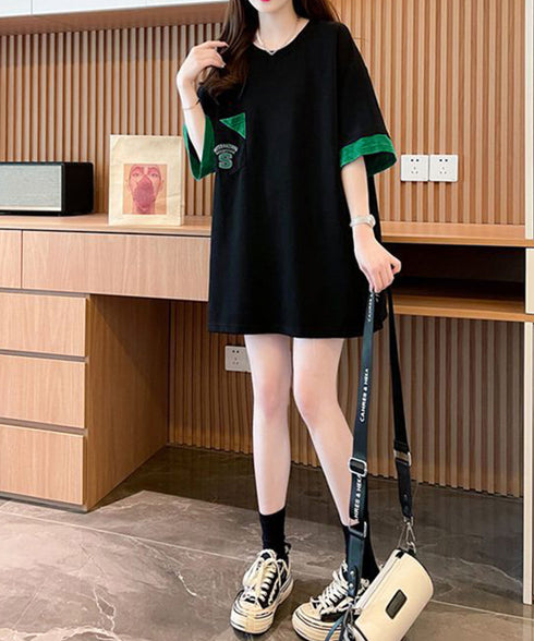 オーバーサイズTシャツチュニックtシャツ 韓国風半袖Tシャツ クルーネックカットソー ゆったりプルオーバー 楽ちん体型カバーTシャツワンピースロゴ 大人カジュアル 80YIGL-010